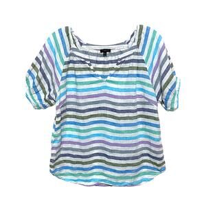 Talbots Linen Popover Rockport Stripe Top PS Coastal Preppy Chic Flowy Beachy